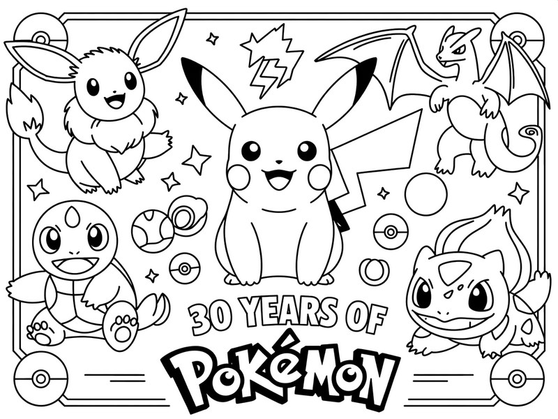 Zeichnung zum Ausmalen - Das große Treffen - 30 Jubiläum von Pokémon