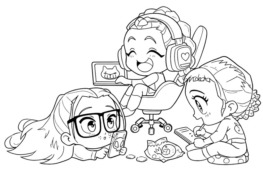 Downloadable coloring - A cozy evening with Rumi, Mira and Zoey - Kpop Demon Hunters - Storybook