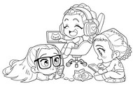 Coloring page - A cozy evening with Rumi, Mira and Zoey - Kpop Demon Hunters - Storybook