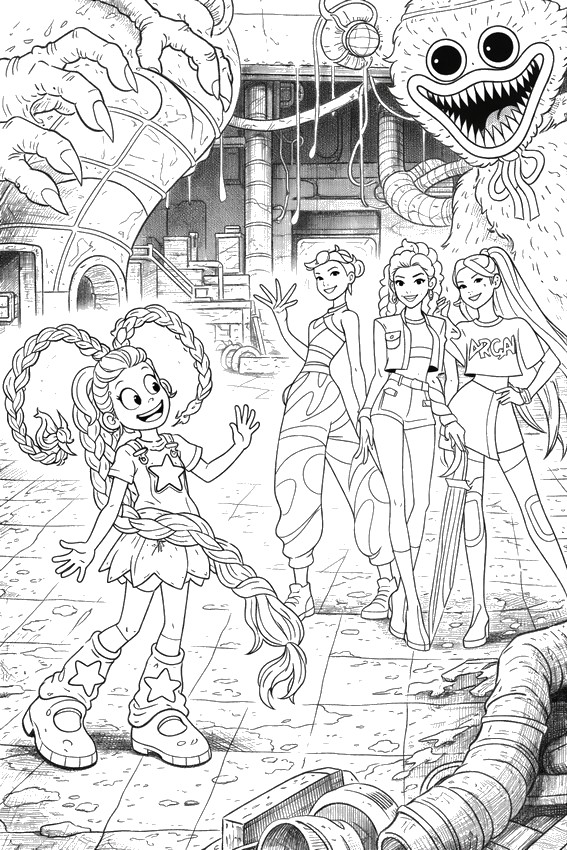 Tegning til farvelægning - Lily Lovebraids & Kpop Demon Hunters - Poppy Playtime - Crossover