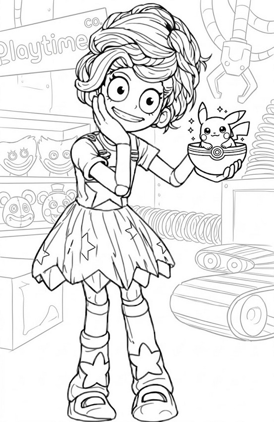 Farveark - Lily Lovebraids og Pikachu - Poppy Playtime - Crossover