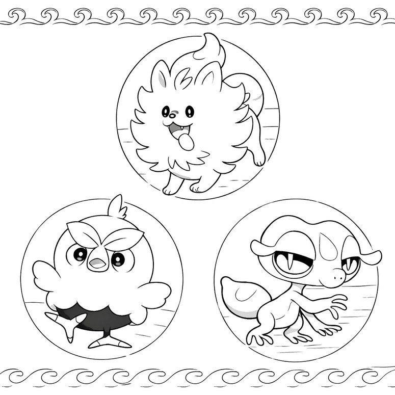Ausmalblatt - Braubel, Pomfifi, Gekkua - Pokémon Wind und Welle
