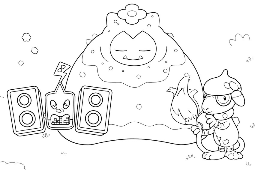 Utskrivbar fargeleggingsside - Mosslax, Smearguru & DJ Rotom - Pokémon Pokopia