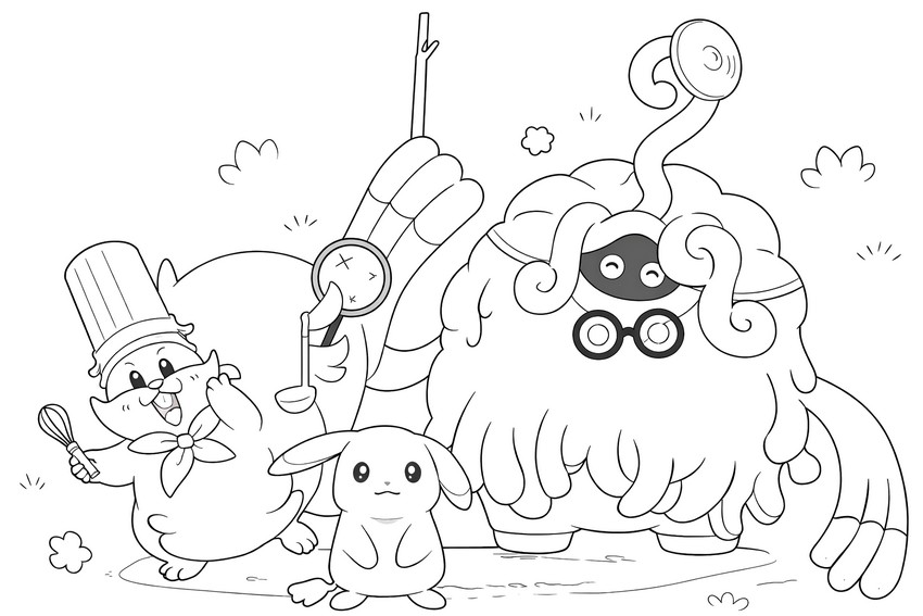 Gratis fargeleggingsark - Professor Tangrowth, Peakychu & Chef Dente - Pokémon Pokopia