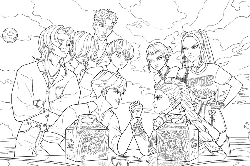 Printable coloring - Face-to-Face of Idols in the Moonlight - KPop Demon Hunters x McDonald's