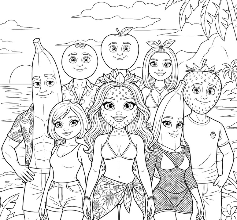 Dessin à colorier - Toute l'équipe - L’île de la Skibidi Tentafruit