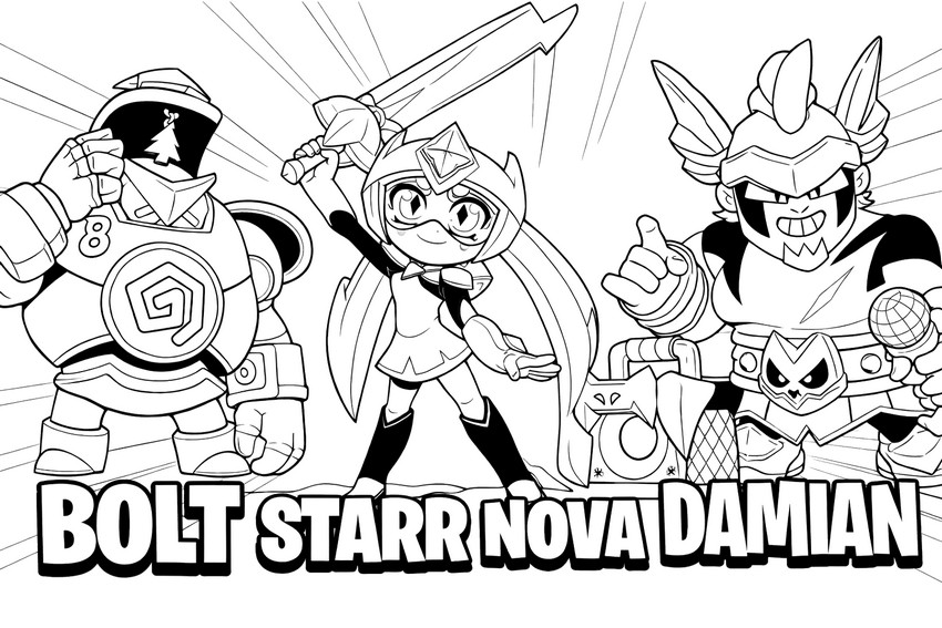 Free coloring page - Bolt, Starr Nova and Damian - Brawl Stars - Damian Starr Nova Bolt