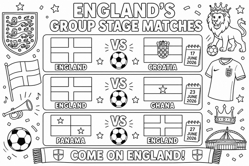 Dessin à colorier - Matchs de poule - Equipe d'Angleterre de football 2026