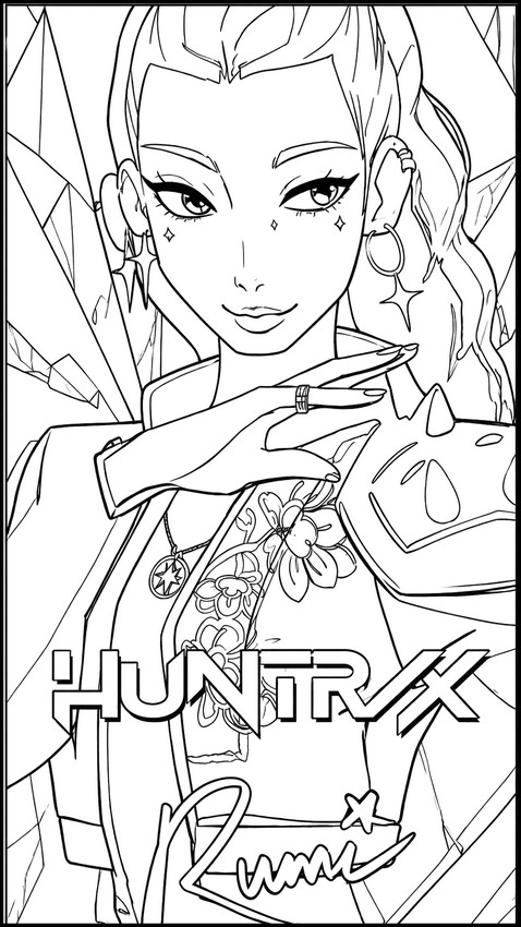 Stránka k vybarvení - Vzdorovitý pohled - KPop Demon Hunters - Rumi