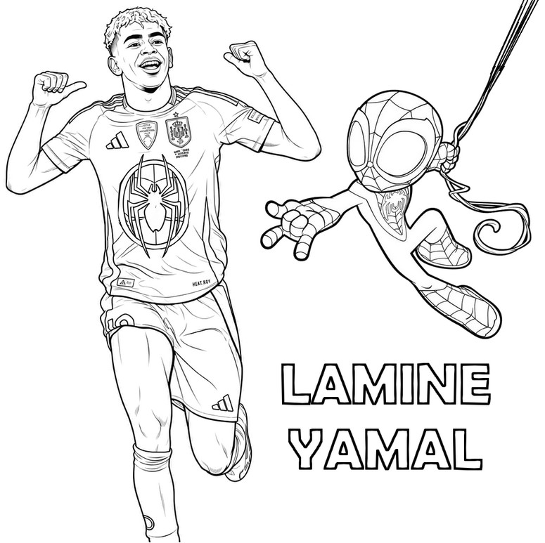 Foglio da colorare - Lamine Yamal - Miles Morales - Calcio - Supereroi