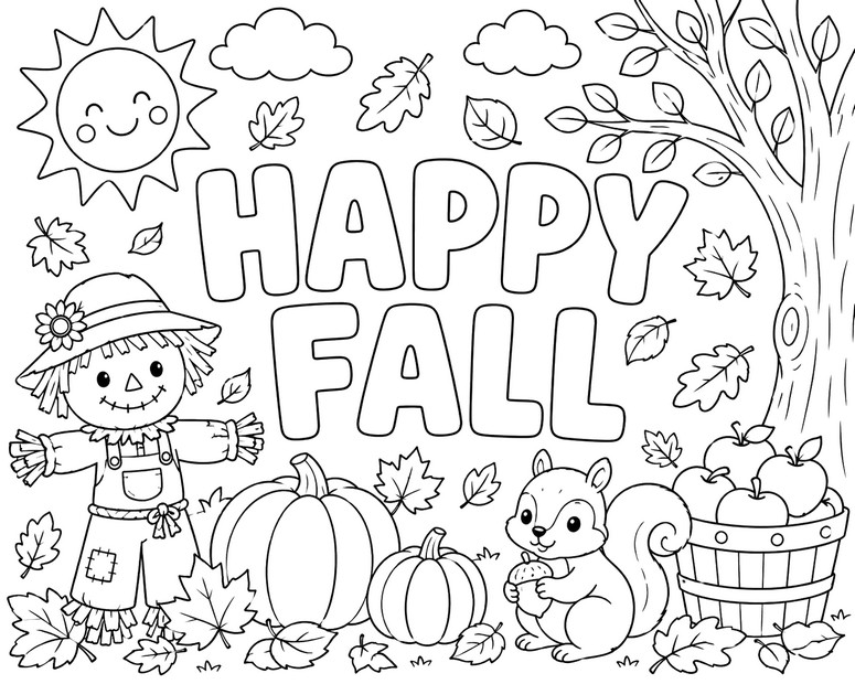 Coloring sheet - Happy Fall - Four seasons