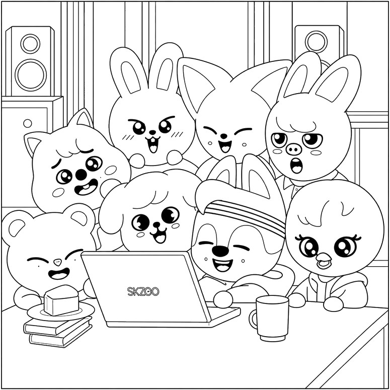 Coloriage à télécharger - Devant l'ordinateur - SKZOO - Stray Kids