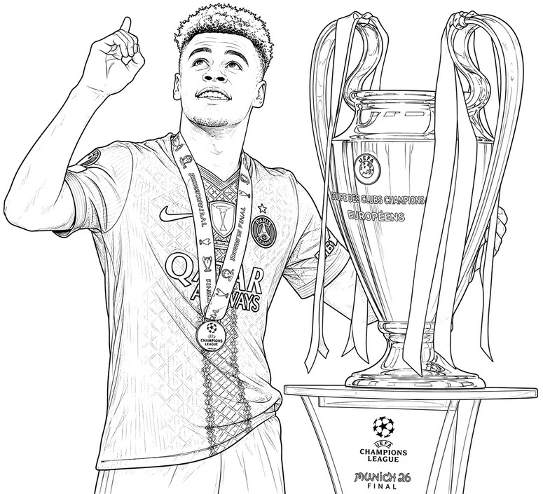 Coloriage à imprimer - Désiré Doué - PSG - Champion d'Europe 2026