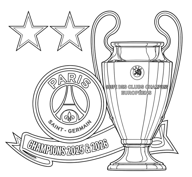 Coloriage à imprimer - Le trophée et les deux étoiles - PSG - Champion d'Europe 2026