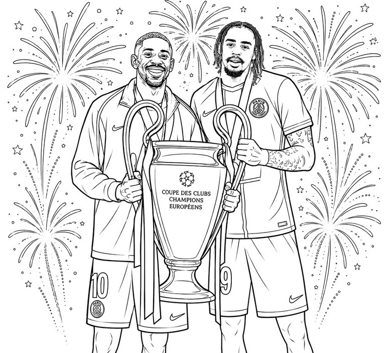 Coloriage gratuit - Dembélé et Barcola - PSG - Champion d'Europe 2026