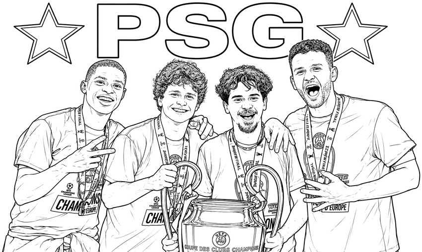 Coloriage gratuit - Nuno Mendes, João Neves, Vitinha, Gonçalo Ramos - PSG - Champion d'Europe 2026