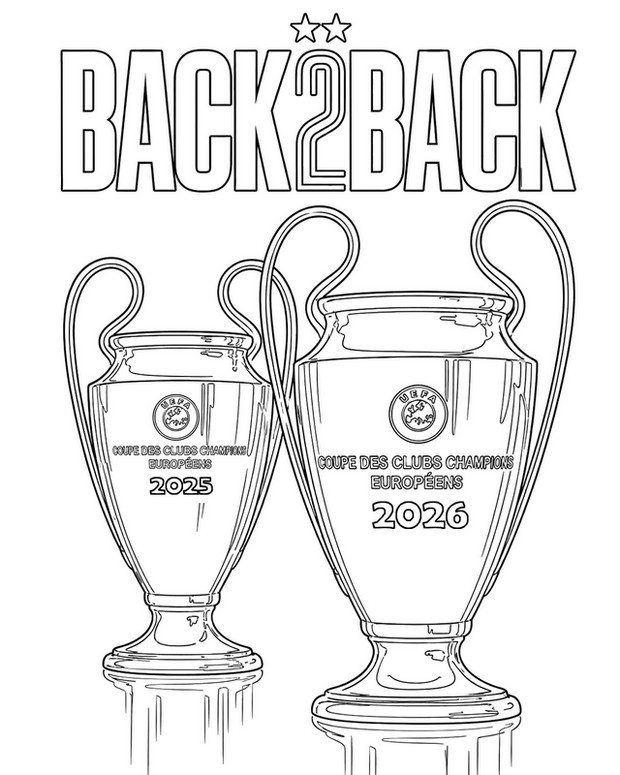 Image à colorier - Back to Back - PSG - Champion d'Europe 2026