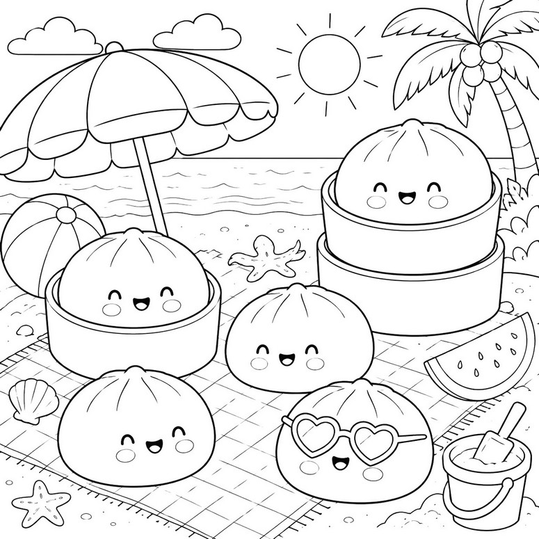 Downloadable coloring - At the beach in summer - Squishy Dumpling