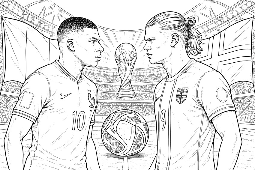 Feuille de coloriage - Haaland et Mbappé - Equipe de football de Norvège
