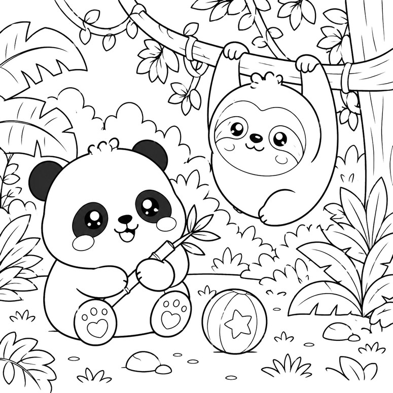Dessin à colorier - Panda et singe - Animaux Squishy