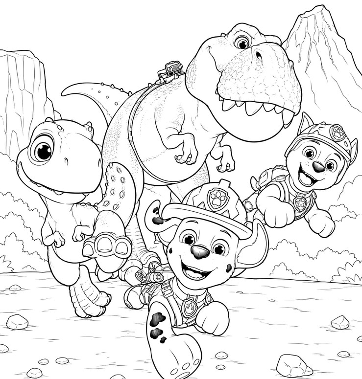 Feuille de coloriage - Courir avec des amis dinosaures - Pat' Patrouille: Mission Dino