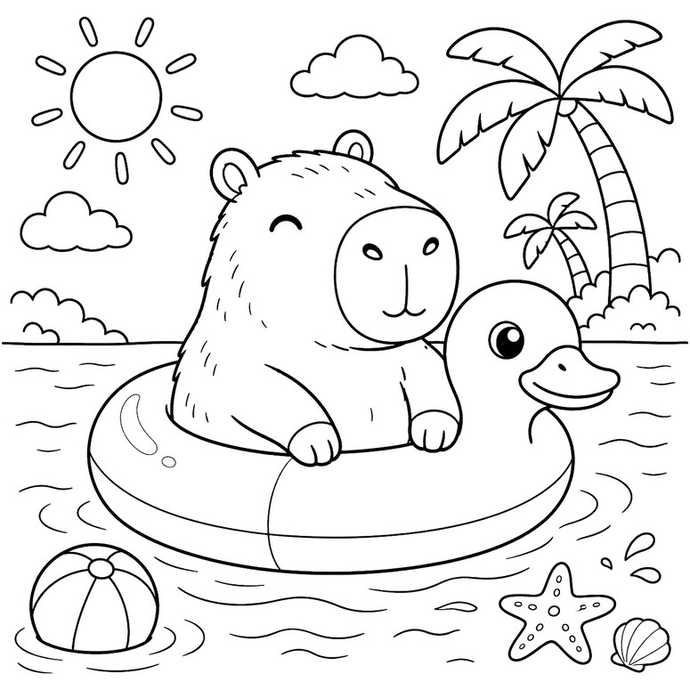 Downloadable coloring - The buoy - Capybara in summer