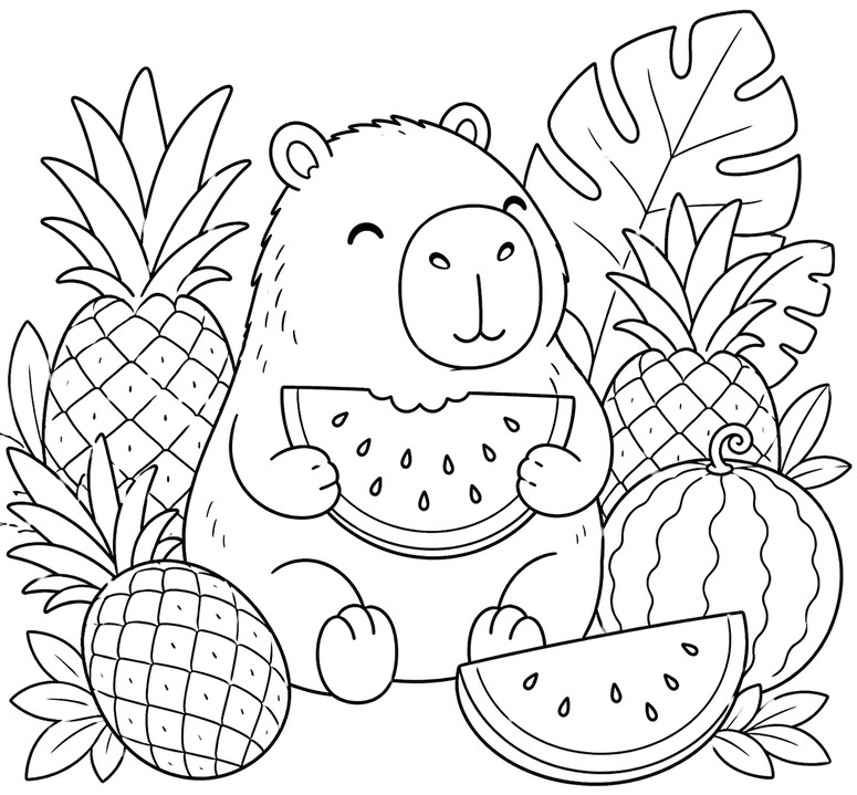 Coloring page - Pineapple and watermelon - Capybara in summer