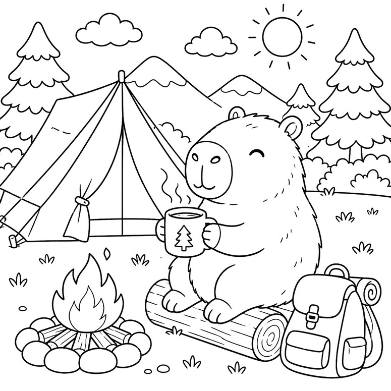 Drawing to color - Camping - Capybara in summer