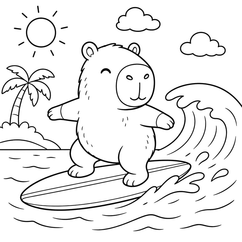 Printable coloring - Surfing - Capybara in summer