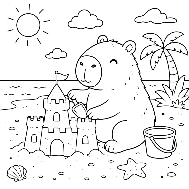 Coloring sheet - Sandcastle - Capybara in summer