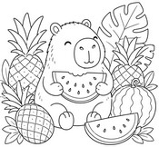 Printable coloring - Pineapple and watermelon - Capybara in summer