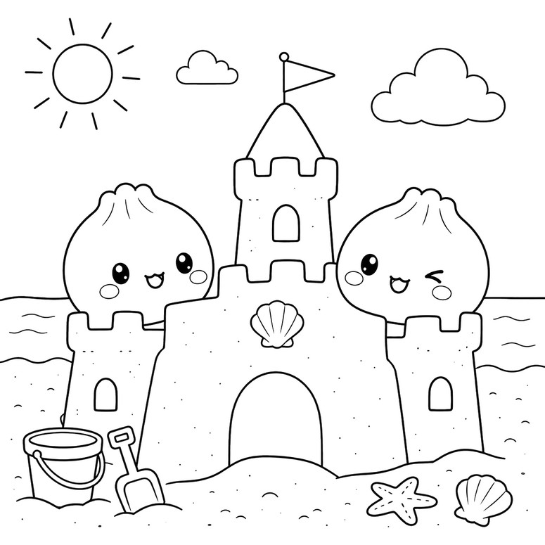 Dessin à colorier - Château de sable - Squishy Dumpling - Eté