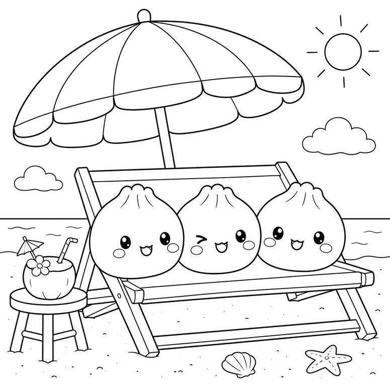 Coloriage à télécharger - Sous le parasol - Squishy Dumpling - Eté