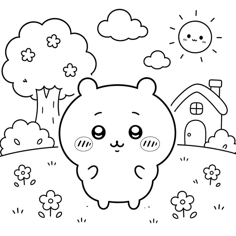 Dessin à colorier - Devant la maison - Chiikawa