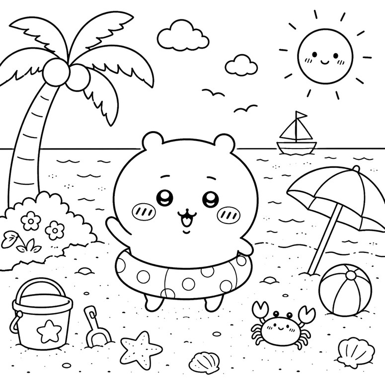 Dessin à colorier - La plage - Chiikawa