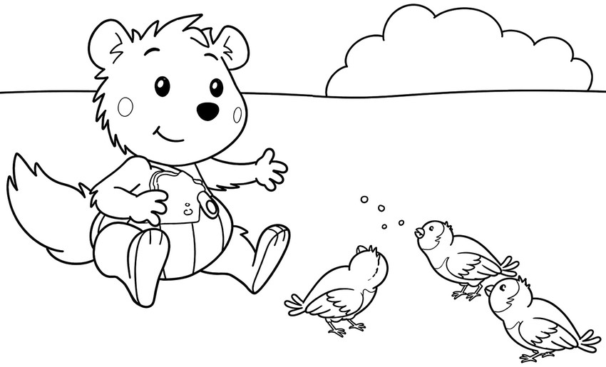 Zeichnung zum Ausmalen - Kleine Vögel füttern - Bobo Siebenschläfer