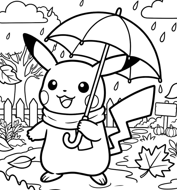 Downloadable coloring - Pikachu - Pokémon in the fall