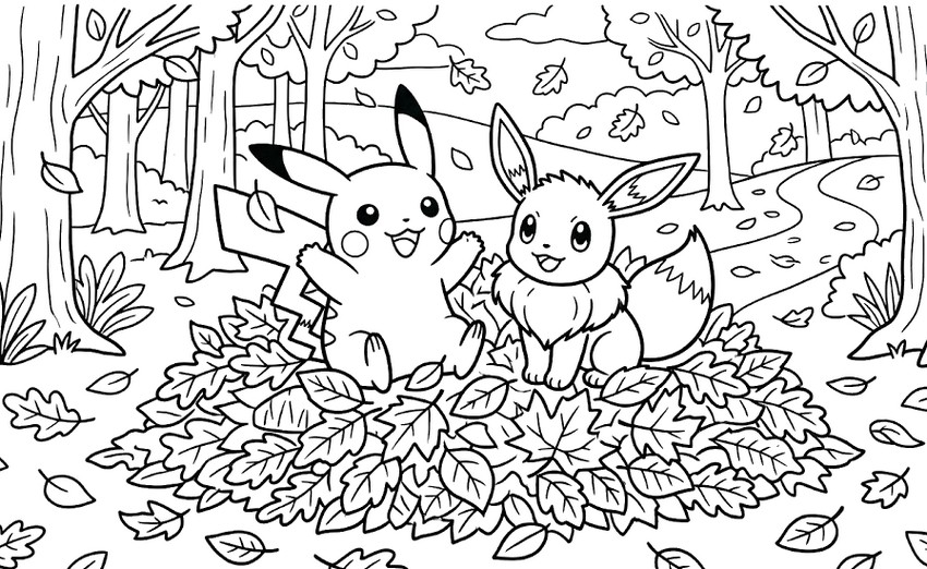 Downloadable coloring - Pikachu and Eevee - Pokémon in the fall