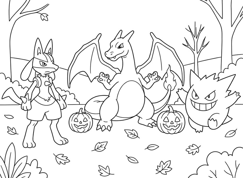 Drawing to color - Lucario, Charizard and Gengar - Pokémon in the fall
