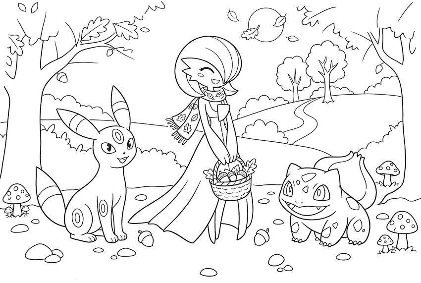 Printable coloring - Umbreon, Gardevoir and Bulbasaur - Pokémon in the fall