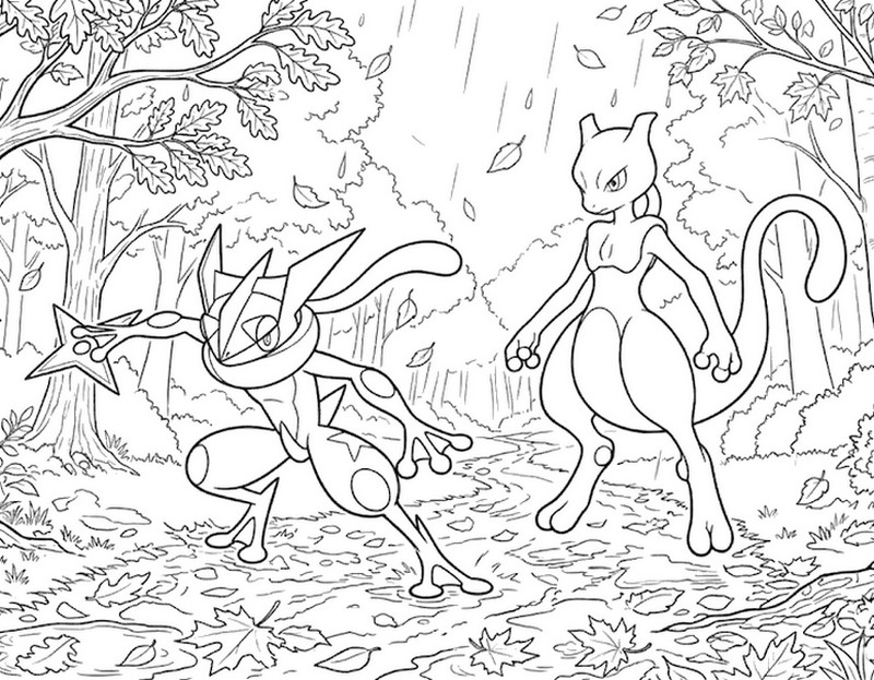 Free coloring page - Greninja and Mewtwo - Pokémon in the fall