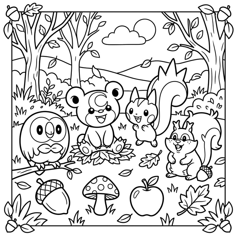 Coloring sheet - Rowlet, Teddiursa, Pachirisu and Skwovet - Pokémon in the fall