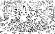 Coloring page - Pikachu and Eevee - Pokémon in the fall