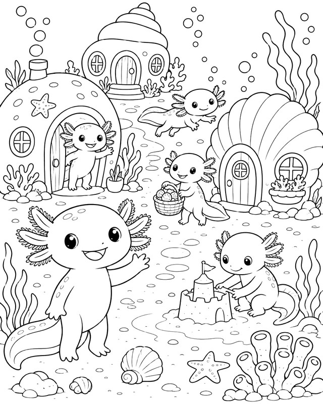 Coloring sheet - Underwater Village - Axolotl