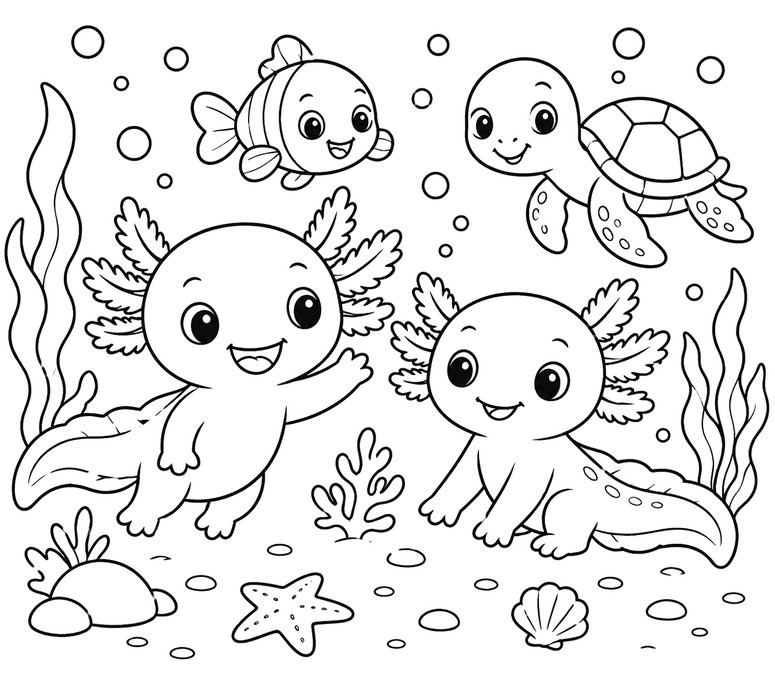 Coloring page - Fish and turtle - Axolotl