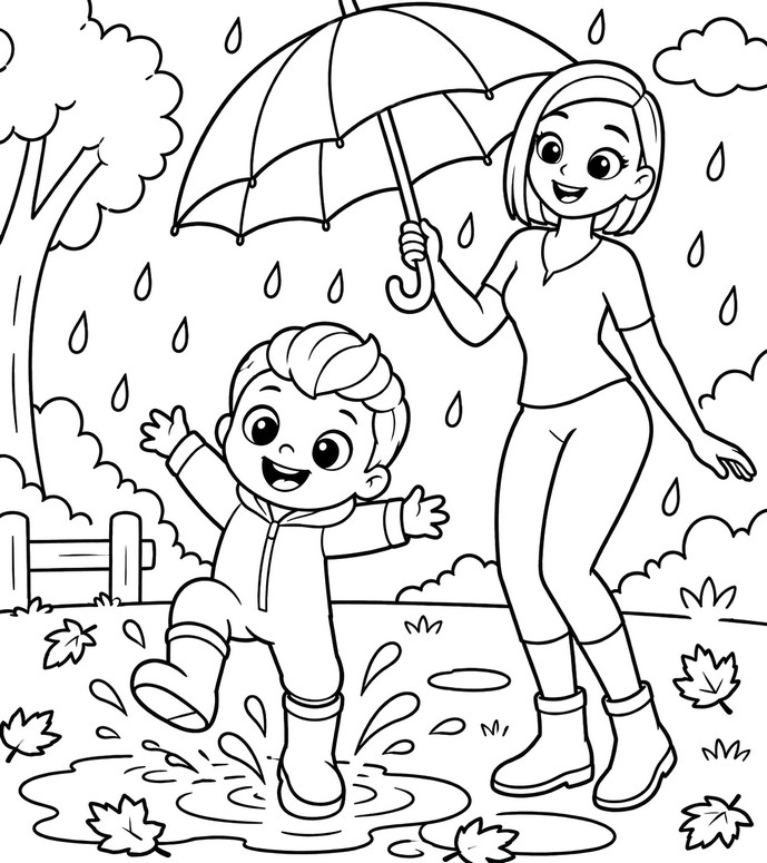 Downloadable coloring - In the rain - Bebefinn - Autumn