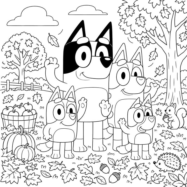 Dessin à colorier - En famille - Bluey - Automne