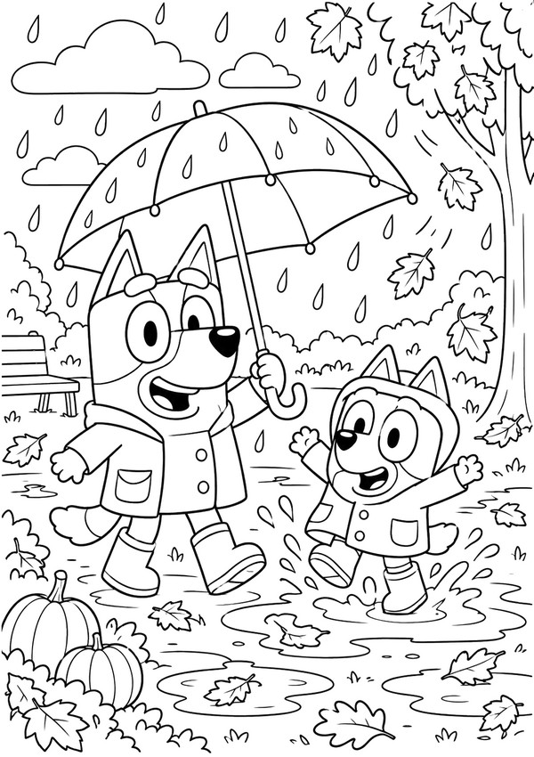 Coloriage gratuit - La pluie - Bluey - Automne