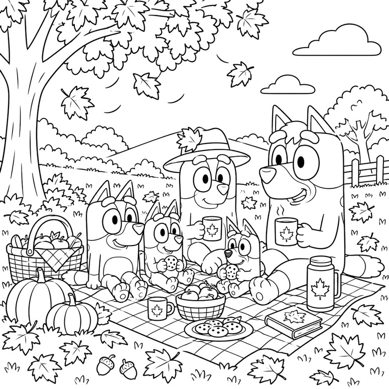 Coloriage à télécharger - Le pique-nique - Bluey - Automne