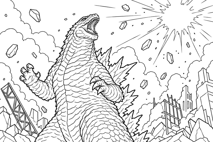 Coloring page - In the heart of the city - Godzilla Minus Zero